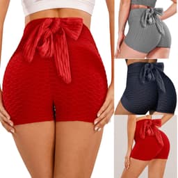 image-2021 European and American cross-border yoga shorts fitness bubble shorts bow summer new high waist sports shorts women