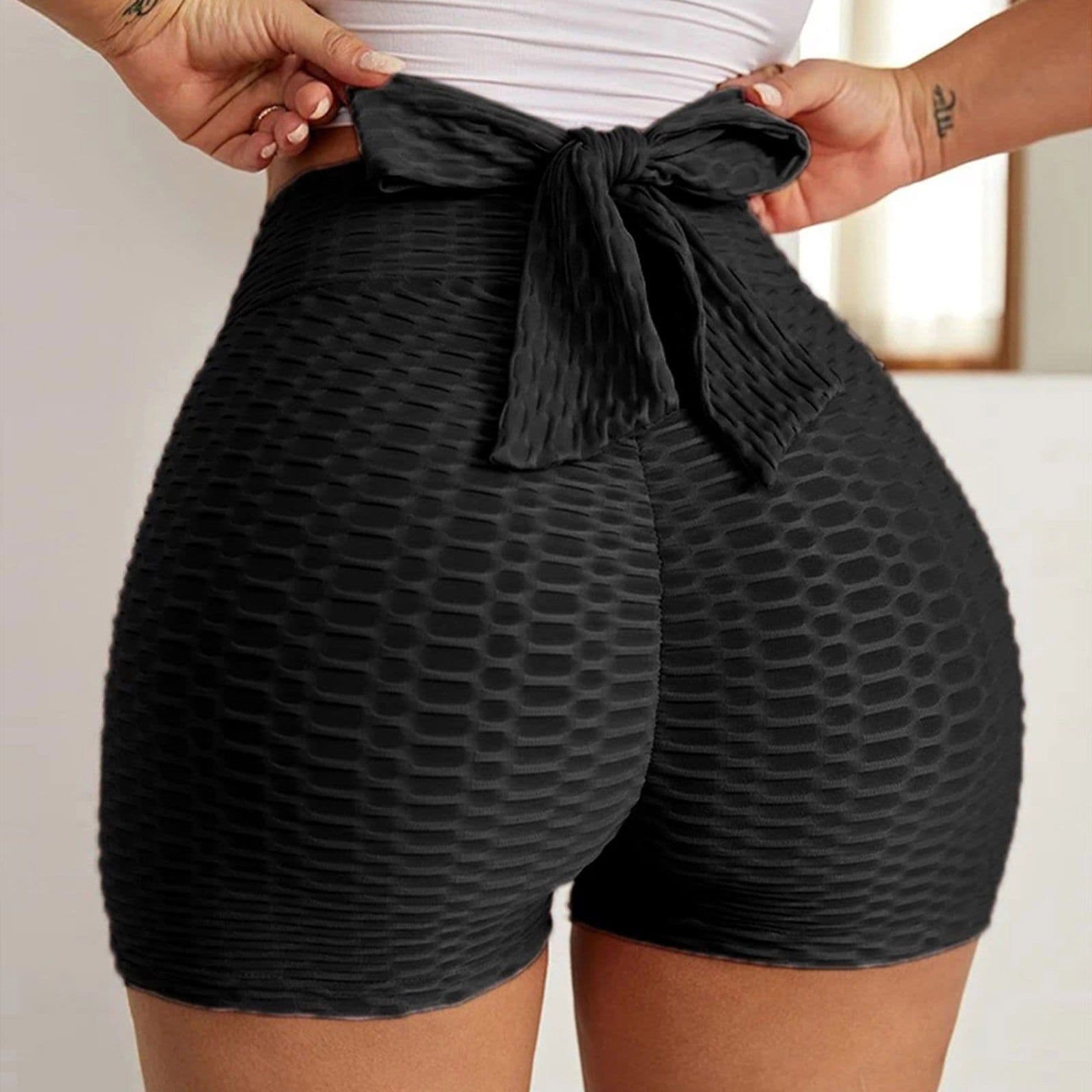 image-2021 European and American cross-border yoga shorts fitness bubble shorts bow summer new high waist sports shorts women