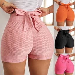 image-2021 European and American cross-border yoga shorts fitness bubble shorts bow summer new high waist sports shorts women