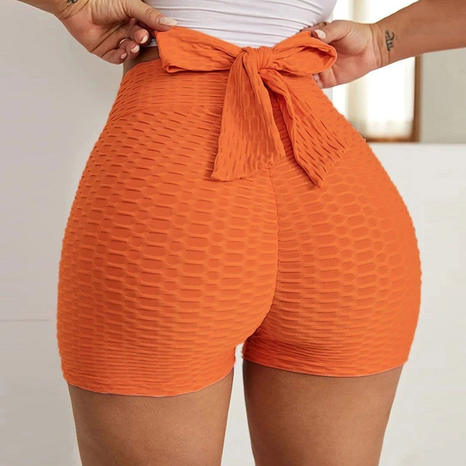 image-2021 European and American cross-border yoga shorts fitness bubble shorts bow summer new high waist sports shorts women
