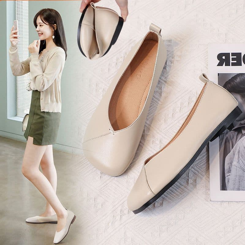 image-Genuine leather peas single shoes women 2023 new summer grandma flat soft leather pregnant women work floating shoes soft bottom small leather shoes