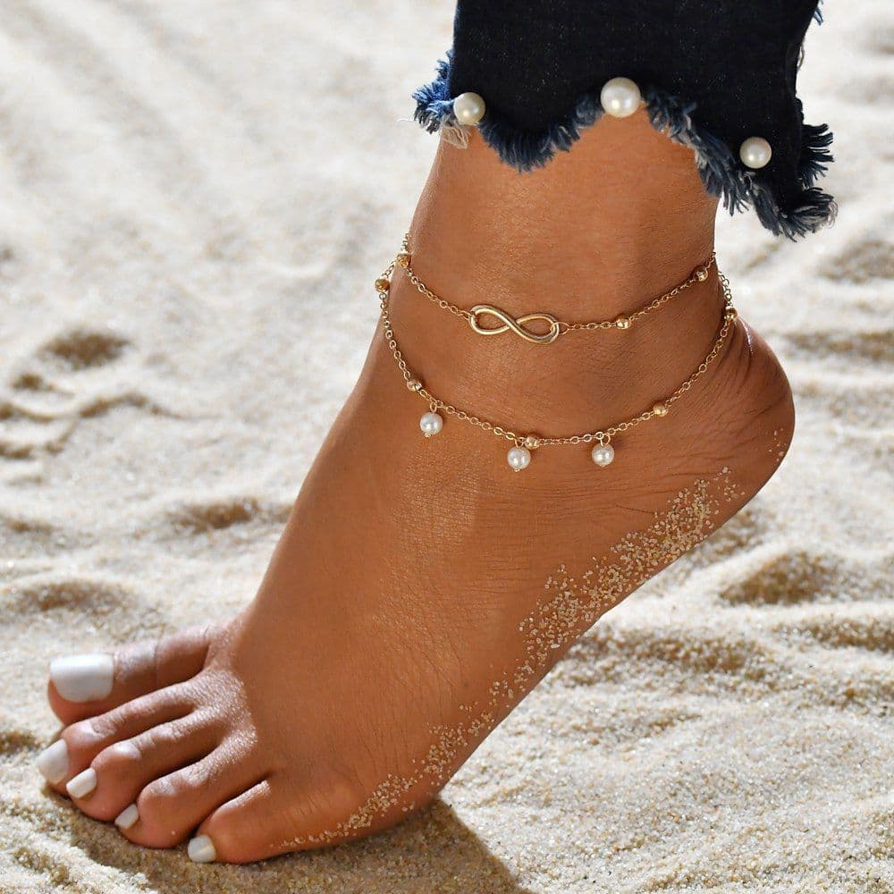 image-Hollow Leaf Fishbone Diamond Anklet Set European and American Creative Tassel Alloy Combination AliExpress Hot New