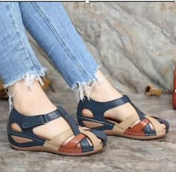 image-Summer women's sandals cross-border car line light and soft bottom cross buckle round toe slope heel comfortable sandals women's foreign trade large size