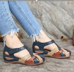 image-Summer women's sandals cross-border car line light and soft bottom cross buckle round toe slope heel comfortable sandals women's foreign trade large size