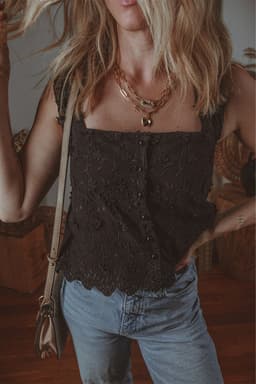 image-Black Floral Embroidered Buttoned Tank Top