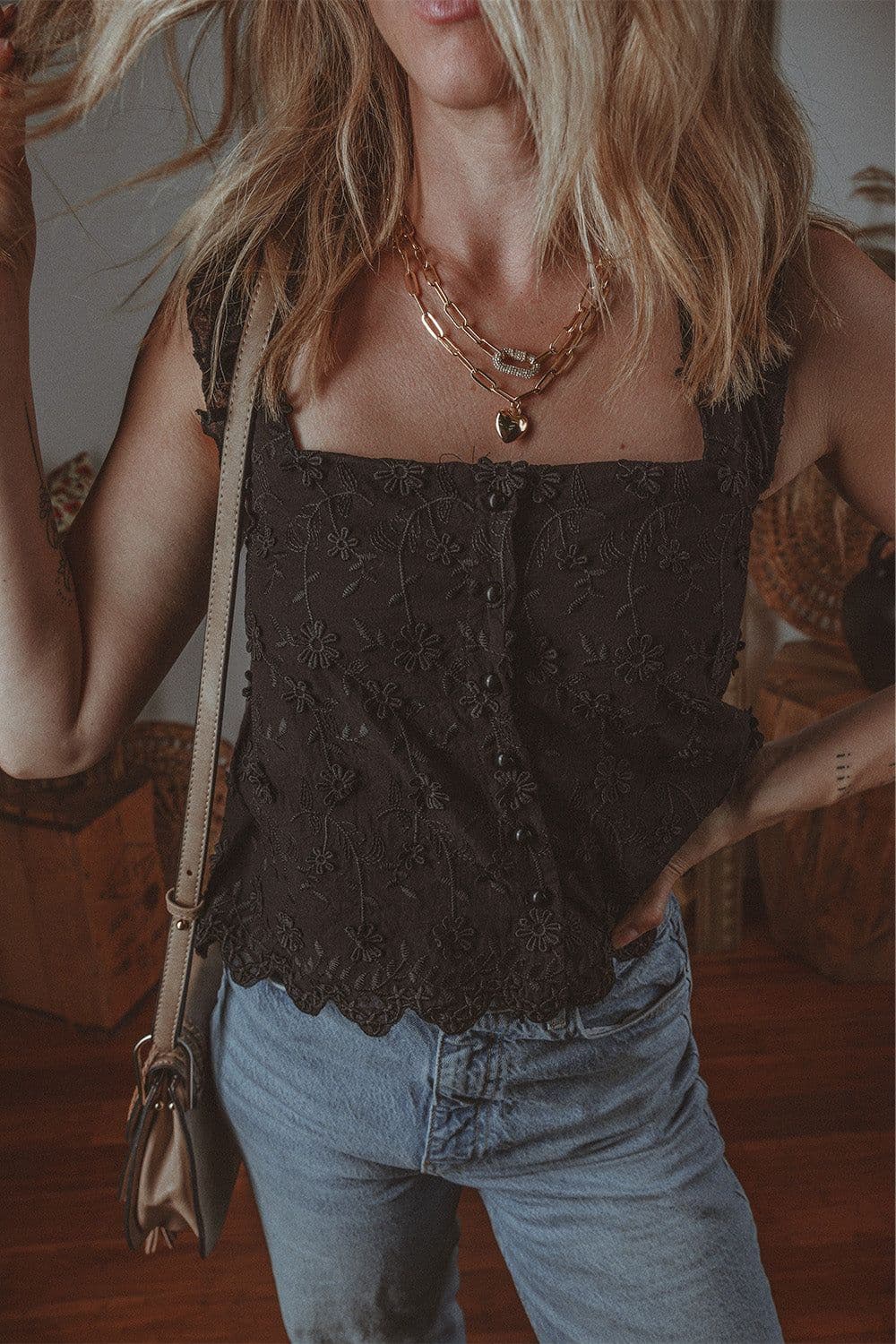 image-Black Floral Embroidered Buttoned Tank Top