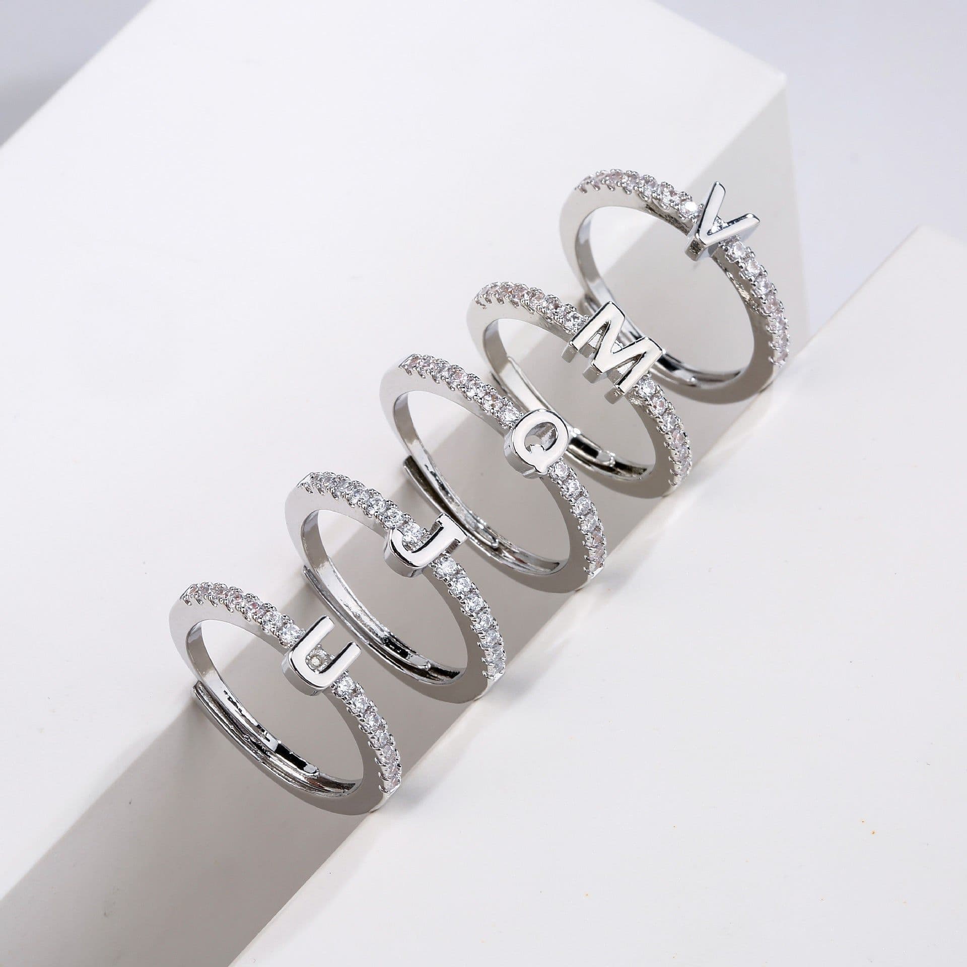 image-HECHENG jewelry new micro-set letter ring 26 English letter zircon ring opening adjustable