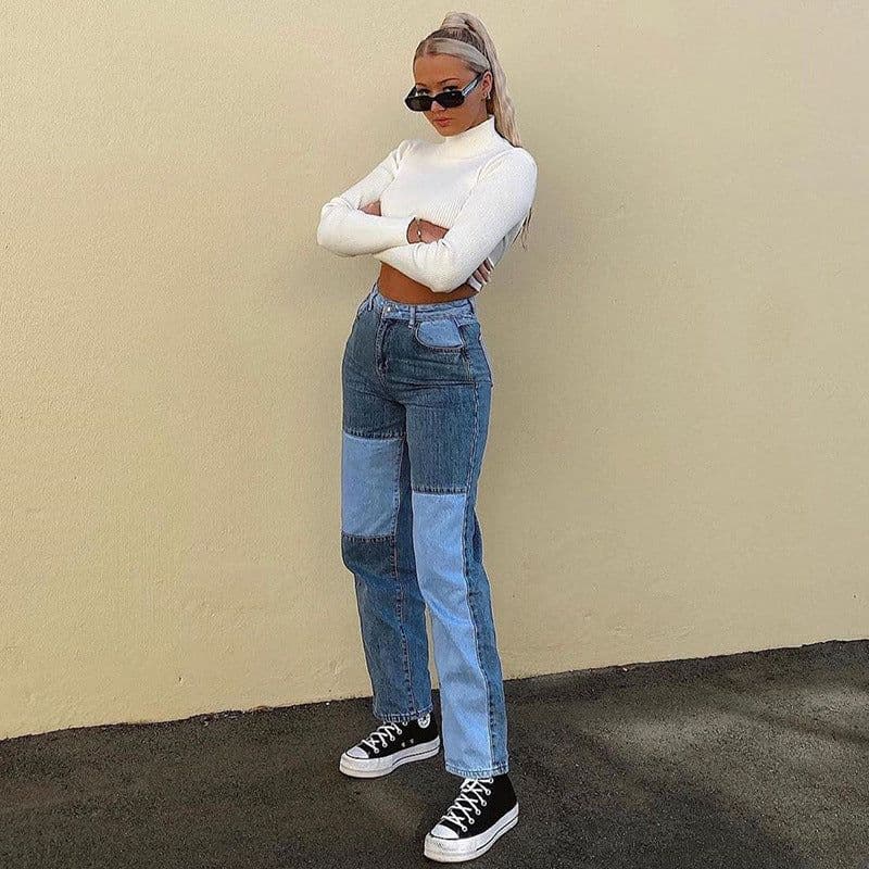 image-European and American cross-border foreign trade new 2020 AliExpress new street hip-hop contrast stitching casual jeans issued on behalf of