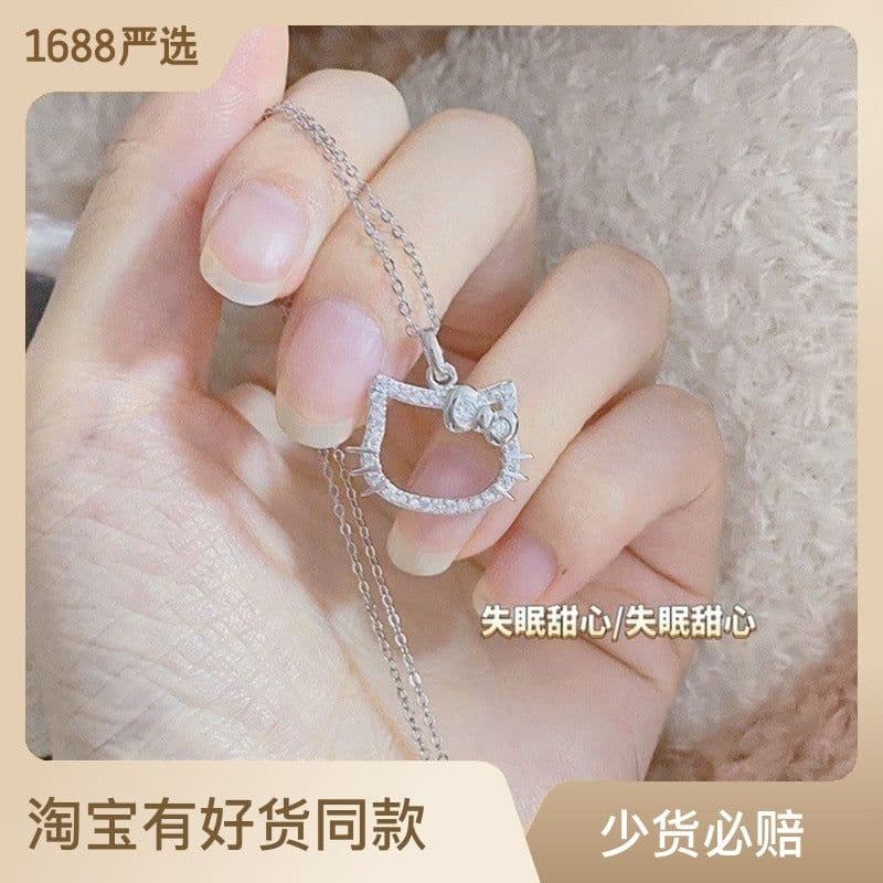 image-Cute KT cat diamond necklace, fashionable girly heart, student bestie clavicle chain, niche design summer chain jewelry