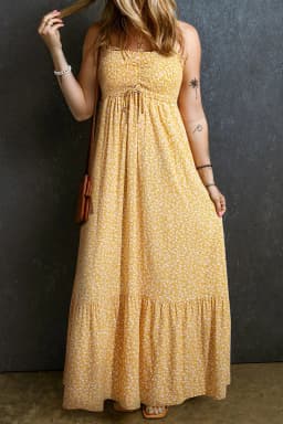 image-Yellow Frilly Smocked High Waist Floral Maxi Dress