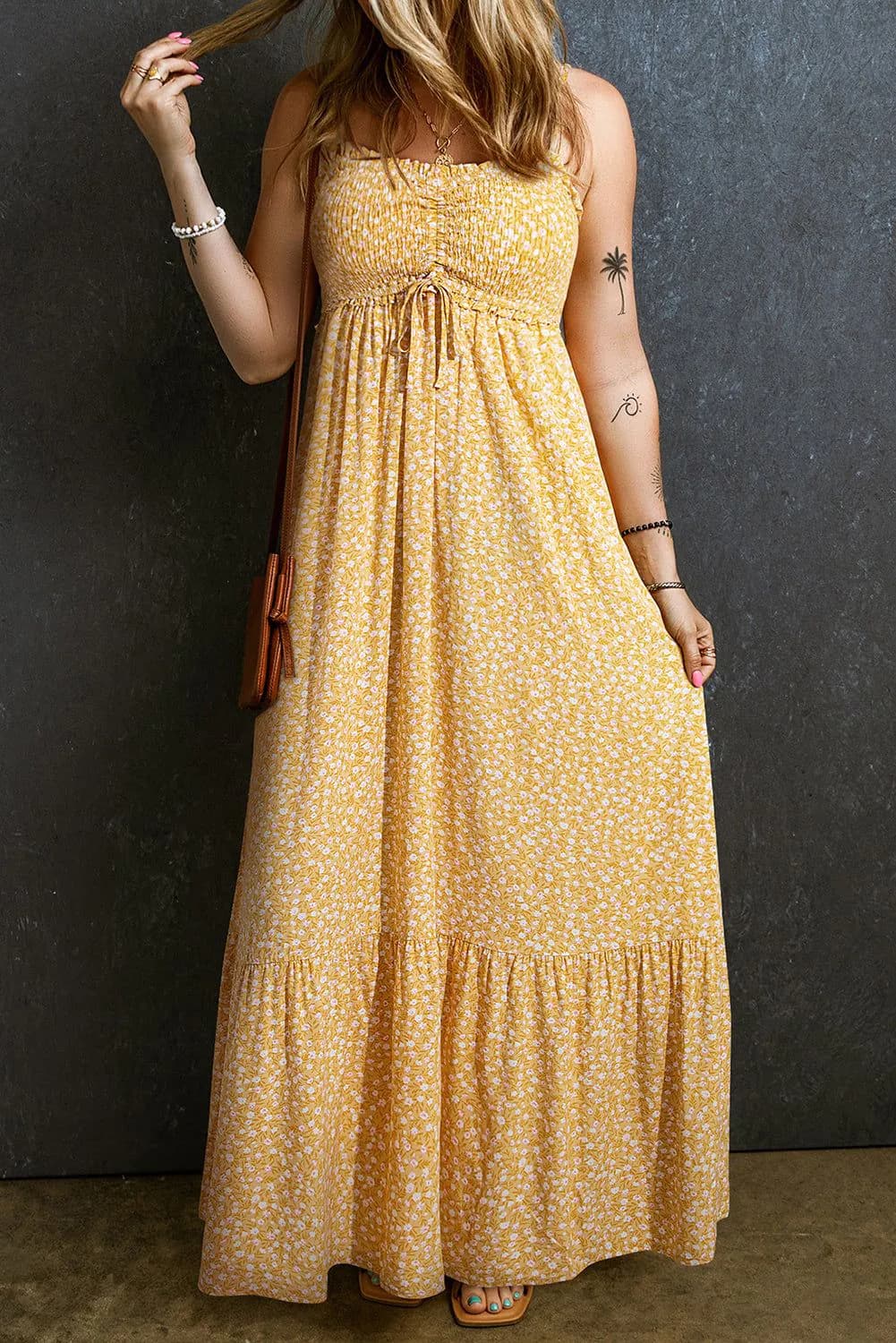image-Yellow Frilly Smocked High Waist Floral Maxi Dress