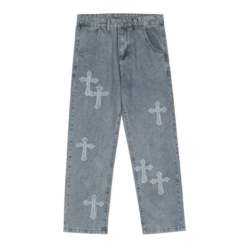 image-Guochao High Street Cross Patch Jeans Men's Tide Brand Hip-Hop Handsome Fried Street Straight Loose Wide-leg Long Pants