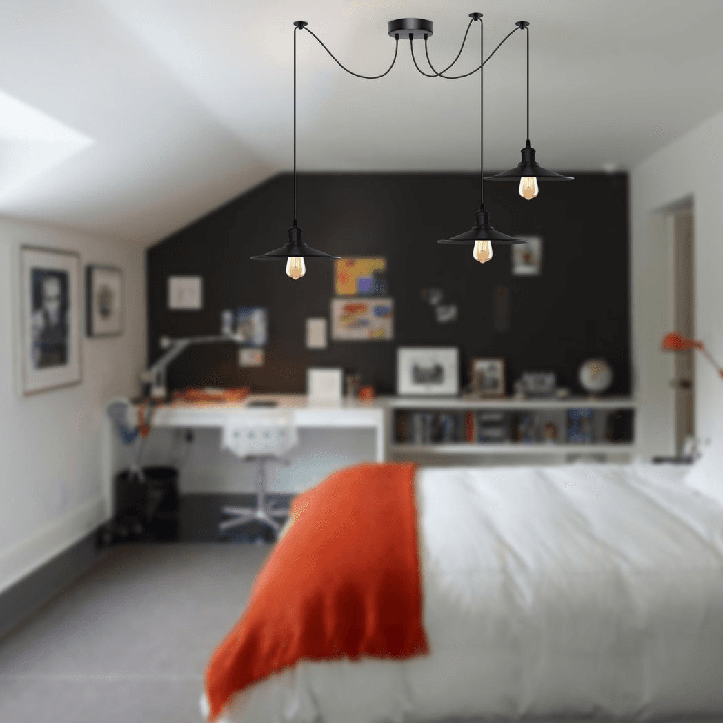 image-Black Vintage 3 Head Cone shaped shade Ceiling Pendant Light Fitting with Adjustable Cord Hanging Light Fixture