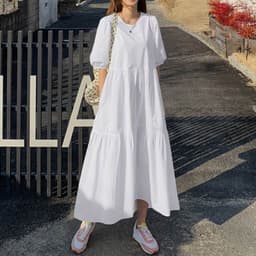 image-New Cross-Border Aliexpress Beautiful Fashion Loose Solid Color Puff Sleeve Swing Maxi Dress