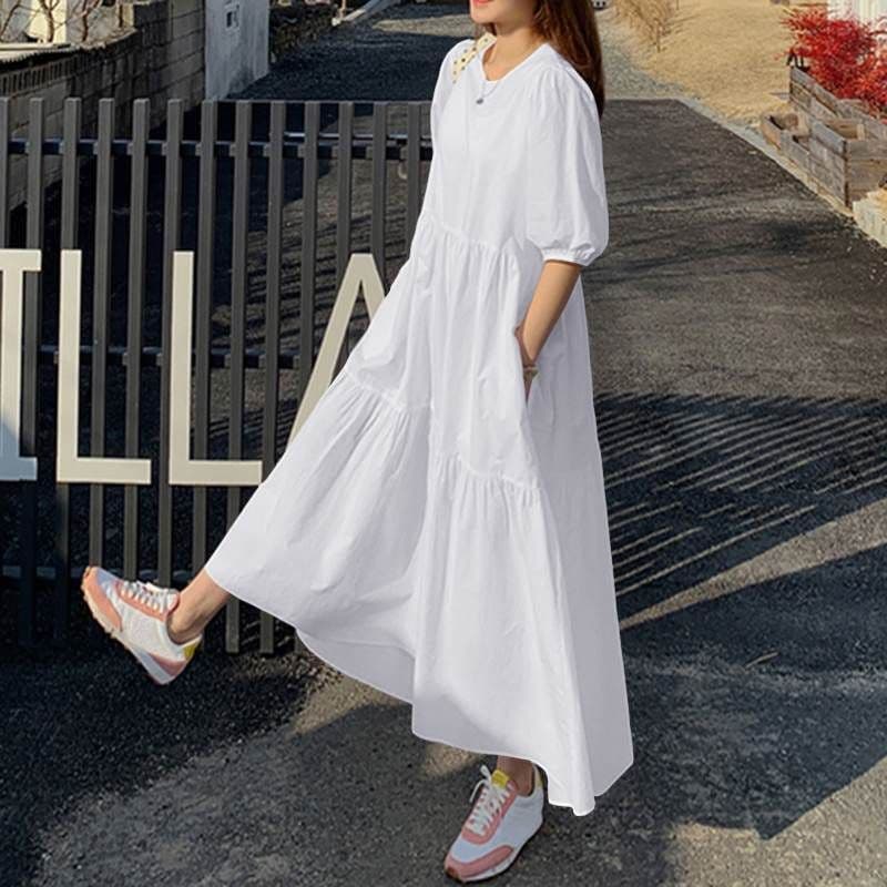image-New Cross-Border Aliexpress Beautiful Fashion Loose Solid Color Puff Sleeve Swing Maxi Dress