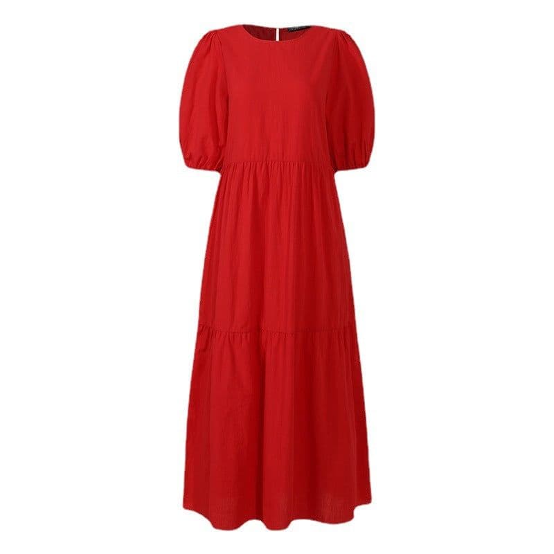 image-New Cross-Border Aliexpress Beautiful Fashion Loose Solid Color Puff Sleeve Swing Maxi Dress
