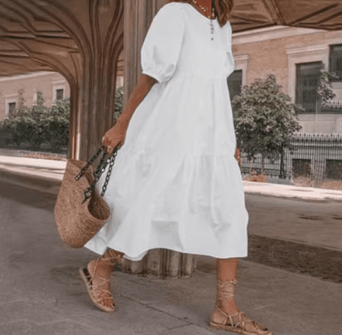 image-New Cross-Border Aliexpress Beautiful Fashion Loose Solid Color Puff Sleeve Swing Maxi Dress