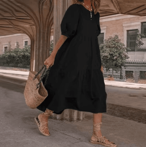 image-New Cross-Border Aliexpress Beautiful Fashion Loose Solid Color Puff Sleeve Swing Maxi Dress