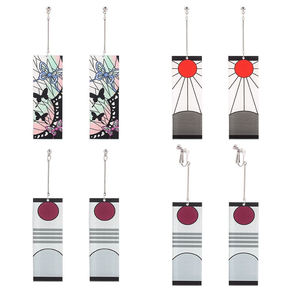 image-Demon Slayer's Blade Stove Gate Tanjiro Striped Purple Sun Ear Clip Rectangular Earrings Trendy Personality Oil Drop Earrings