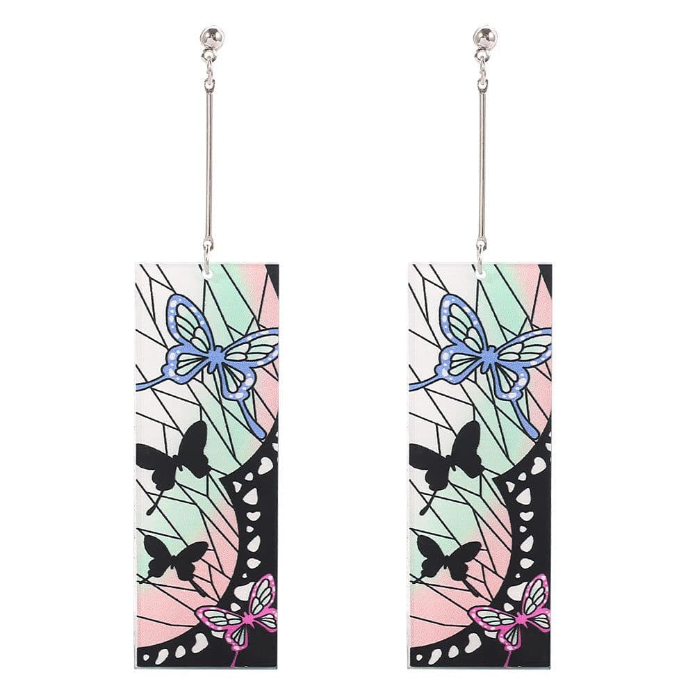image-Demon Slayer's Blade Stove Gate Tanjiro Striped Purple Sun Ear Clip Rectangular Earrings Trendy Personality Oil Drop Earrings