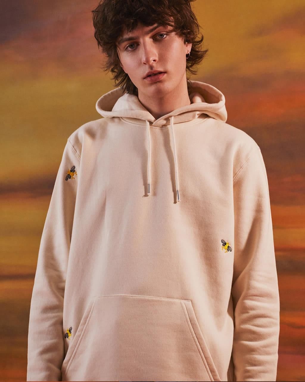 image-Bee Embroidered Hoodie Ecru Men