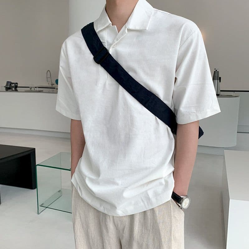 image-Good version Hong Kong style men's shirt short-sleeved solid color summer new thin casual shirt five-point sleeve Korean men's clothing