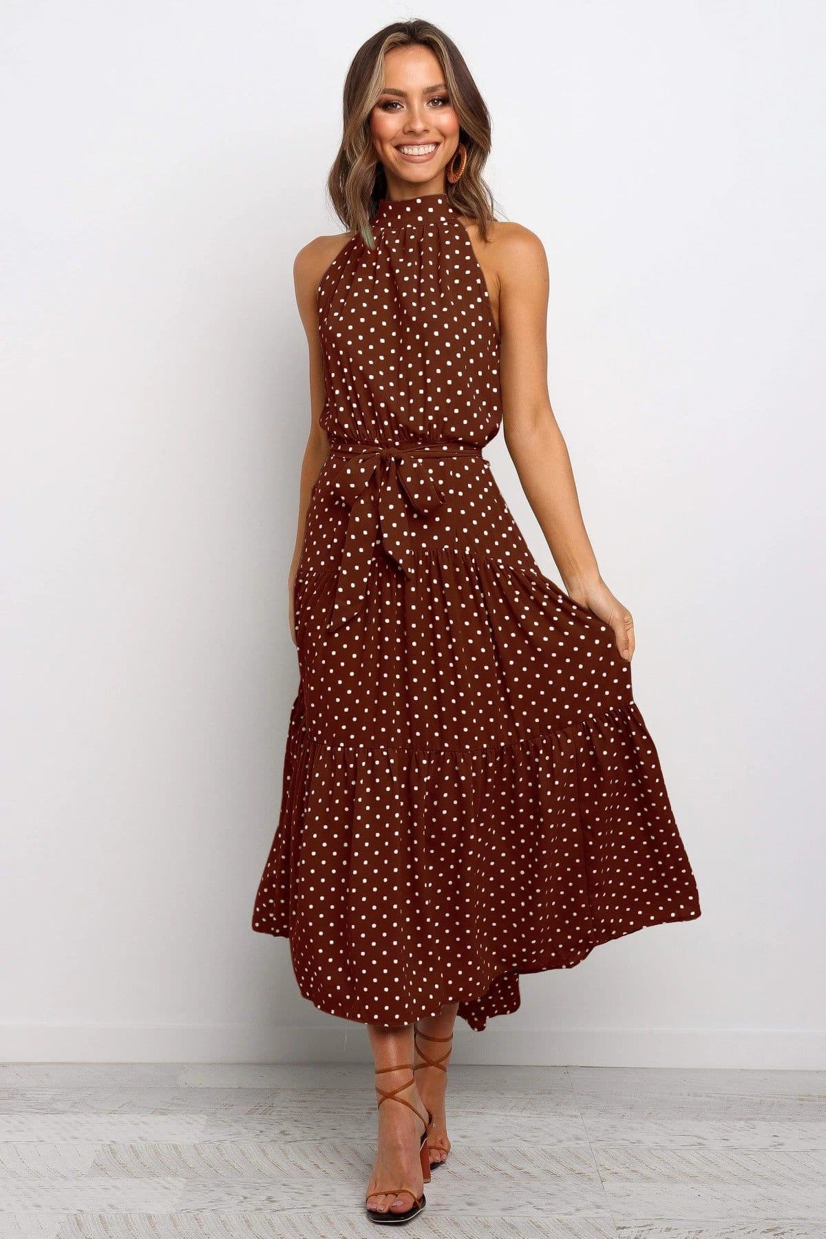 image-2022ebay Amazon Wish Hot Sale 17-Color Halter Polka Dot Print Lace-up Dress Cross-Border Dress for Women