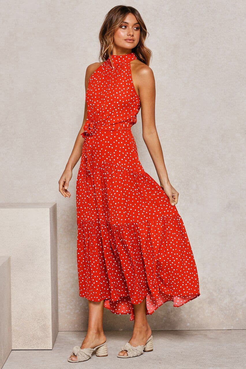 image-2022ebay Amazon Wish Hot Sale 17-Color Halter Polka Dot Print Lace-up Dress Cross-Border Dress for Women