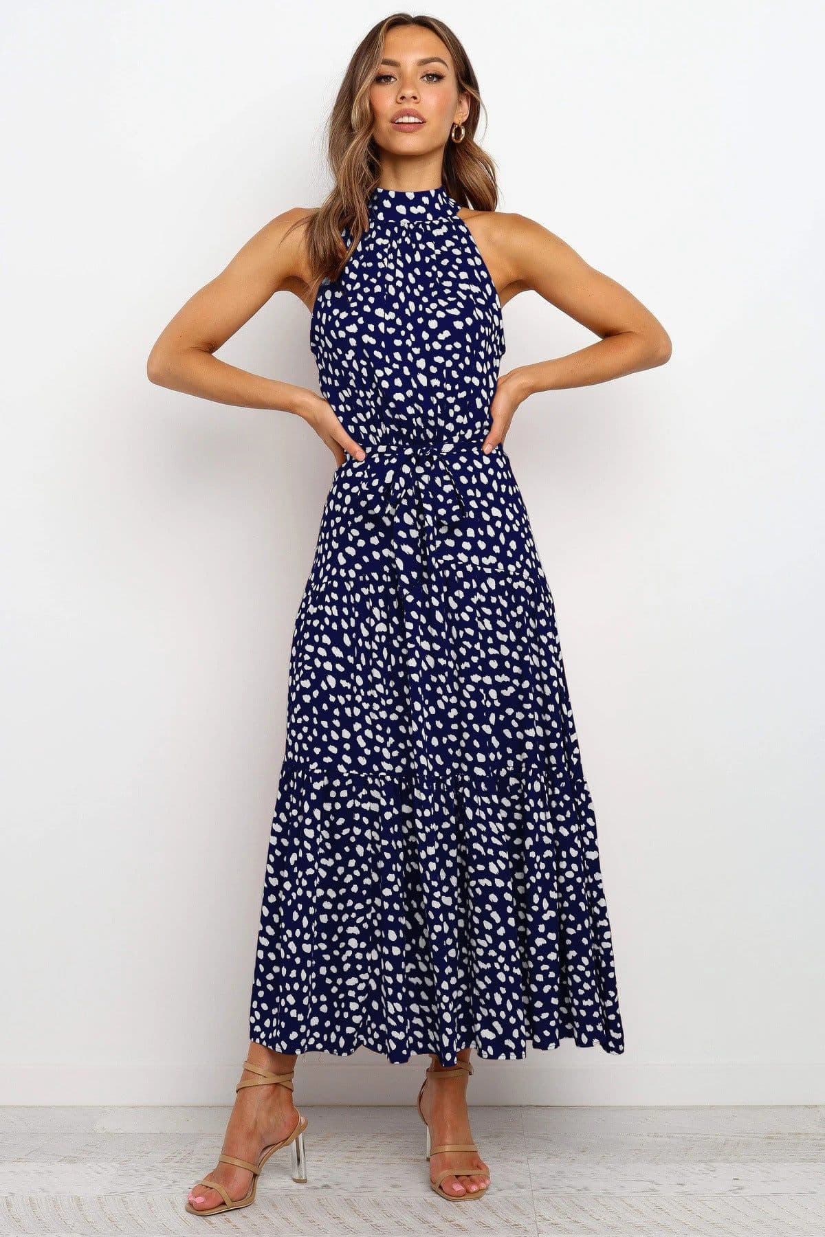 image-2022ebay Amazon Wish Hot Sale 17-Color Halter Polka Dot Print Lace-up Dress Cross-Border Dress for Women