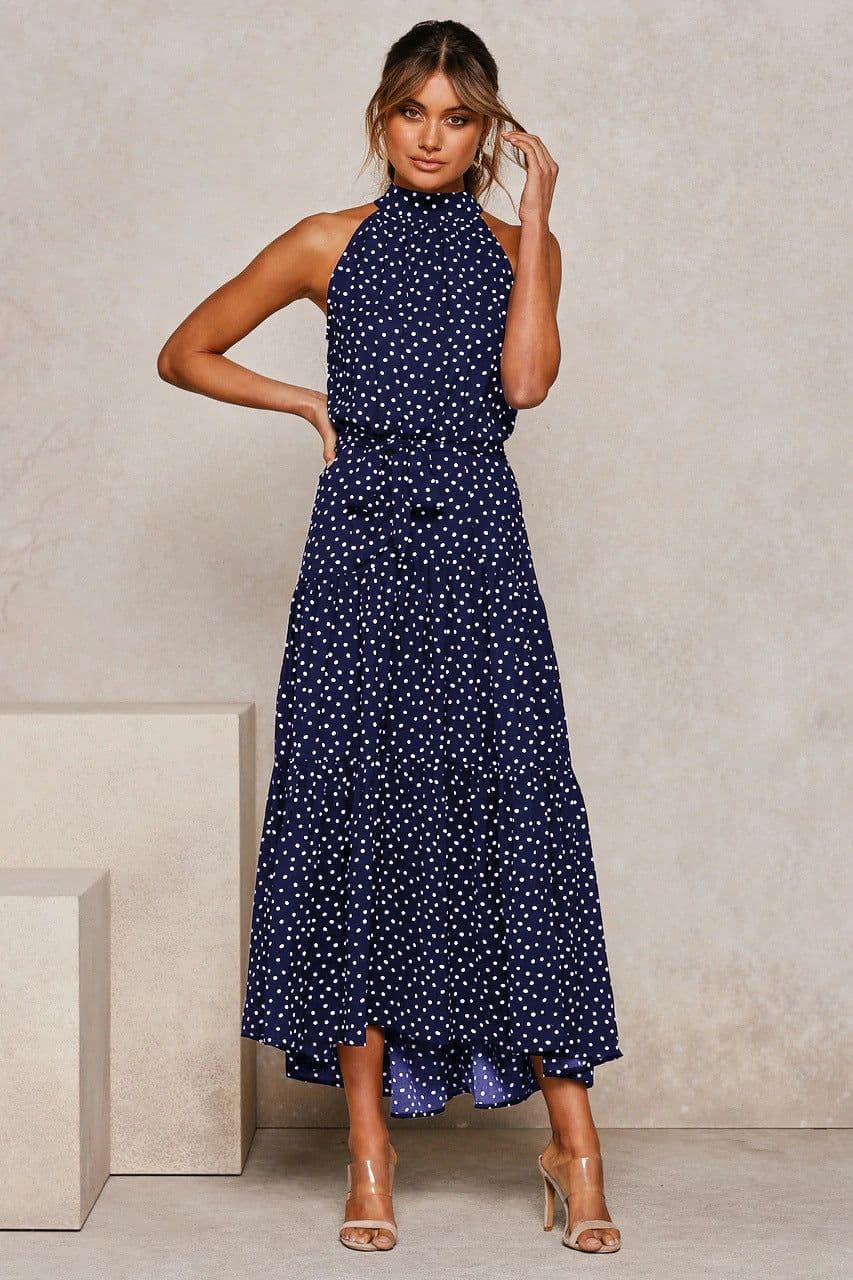 image-2022ebay Amazon Wish Hot Sale 17-Color Halter Polka Dot Print Lace-up Dress Cross-Border Dress for Women