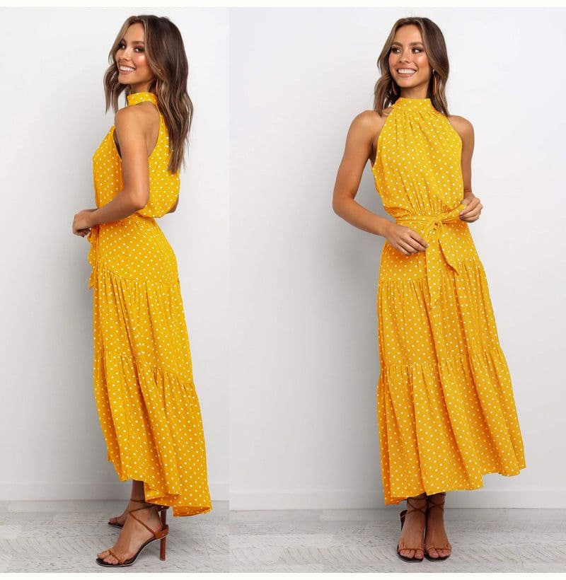 image-2022ebay Amazon Wish Hot Sale 17-Color Halter Polka Dot Print Lace-up Dress Cross-Border Dress for Women