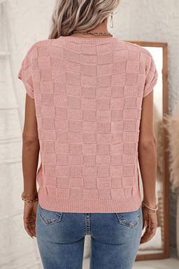 image-Pink Lattice Textured Knit Short Sleeve Sweater - Sizes S-3XL