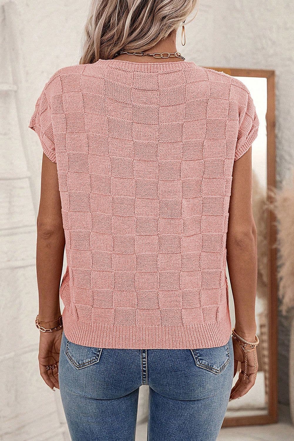 image-Pink Lattice Textured Knit Short Sleeve Sweater - Sizes S-3XL