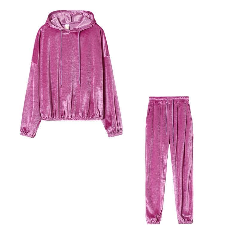image-Cross-border trend two-piece set for fall 2021 new Amazon pure color gold velvet hooded long-sleeved casual suit women