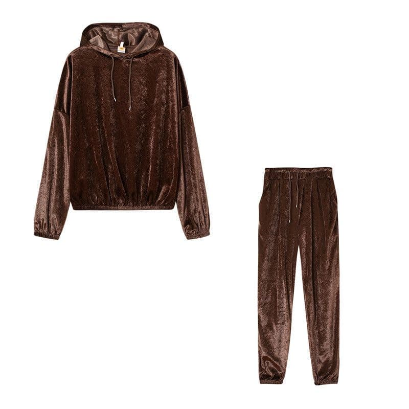image-Cross-border trend two-piece set for fall 2021 new Amazon pure color gold velvet hooded long-sleeved casual suit women