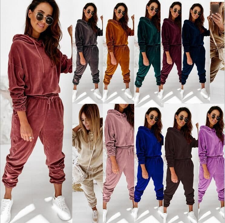 image-Cross-border trend two-piece set for fall 2021 new Amazon pure color gold velvet hooded long-sleeved casual suit women