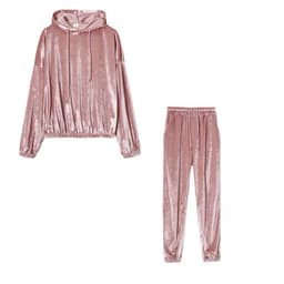 image-Cross-border trend two-piece set for fall 2021 new Amazon pure color gold velvet hooded long-sleeved casual suit women