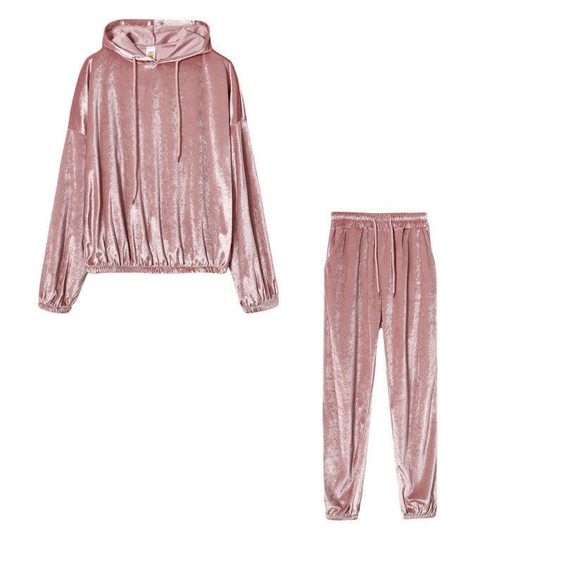 image-Cross-border trend two-piece set for fall 2021 new Amazon pure color gold velvet hooded long-sleeved casual suit women