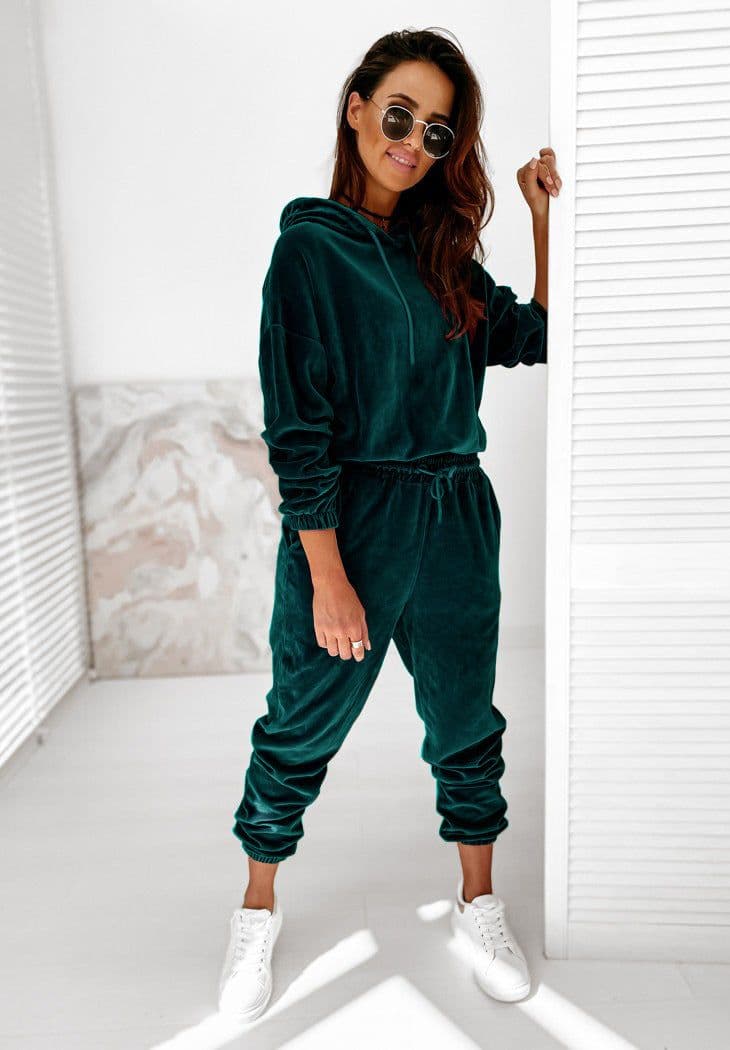 image-Cross-border trend two-piece set for fall 2021 new Amazon pure color gold velvet hooded long-sleeved casual suit women