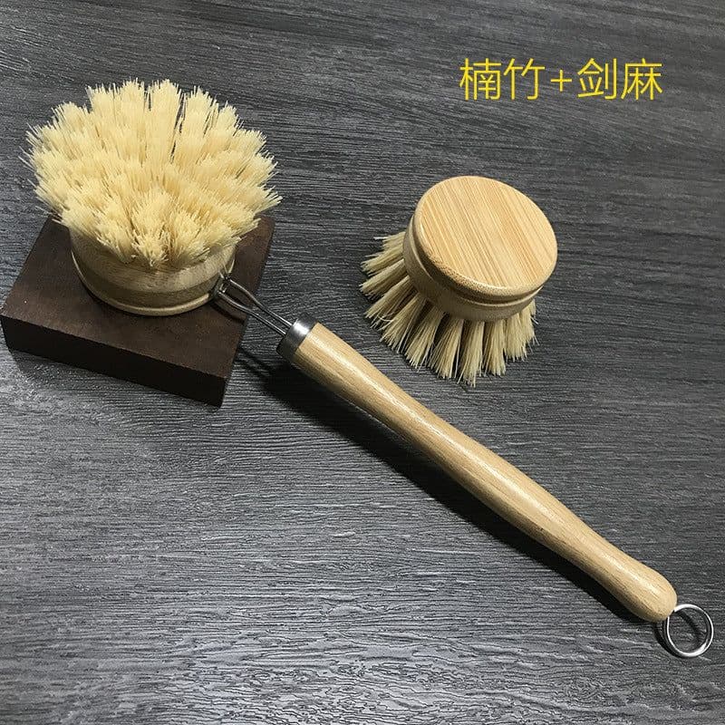 image-wooden kitchen cleaning brush non-stick oil sisal palm short handle round dish brush wash bowl brush seal pot brush