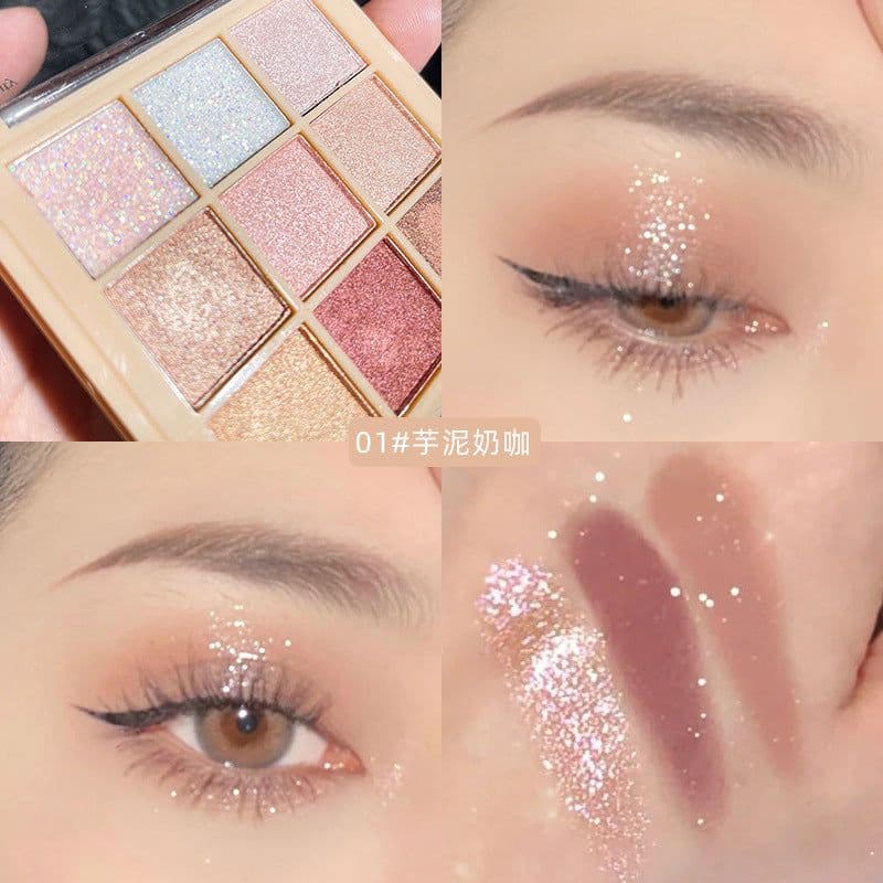image-New 9-color eyeshadow nine square grid glitter sequins fine glitter earth color pearlescent matte nine-color eyeshadow palette vibrato live