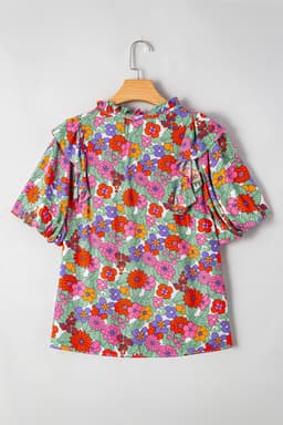 image-Red Floral Ruffle Puff Sleeve Blouse