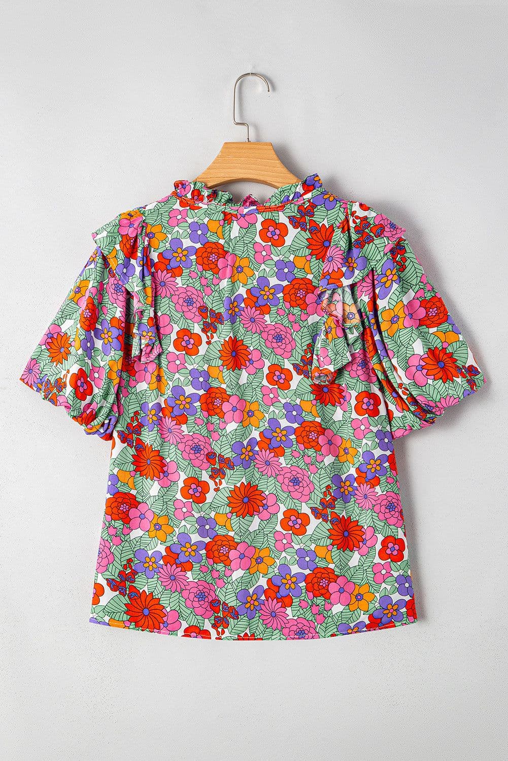 image-Red Floral Ruffle Puff Sleeve Blouse