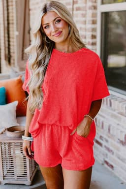 image-Orange Ribbed Textured Knit Loose Fit Tee and Shorts Set