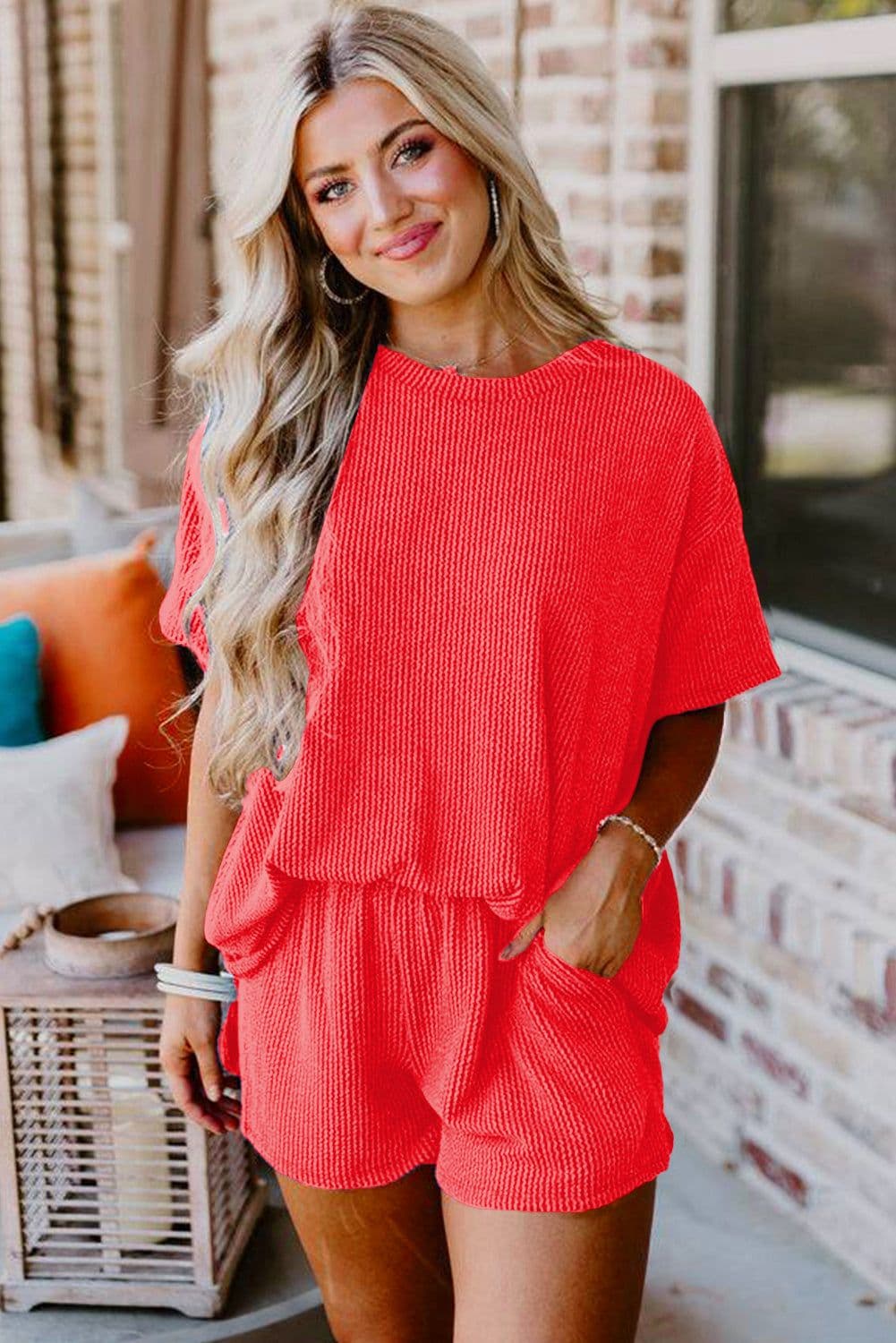 image-Orange Ribbed Textured Knit Loose Fit Tee and Shorts Set