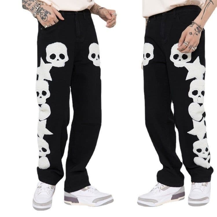 image-Hua Jiaying Clothing American Street Trendy Brand Skull Towel Embroidered Hip Hop High Street Men's Denim Straight Neutral Trousers