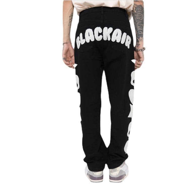 image-Hua Jiaying Clothing American Street Trendy Brand Skull Towel Embroidered Hip Hop High Street Men's Denim Straight Neutral Trousers