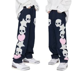 image-Hua Jiaying Clothing American Street Trendy Brand Skull Towel Embroidered Hip Hop High Street Men's Denim Straight Neutral Trousers