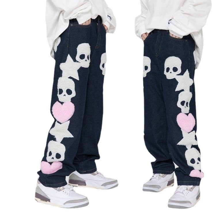image-Hua Jiaying Clothing American Street Trendy Brand Skull Towel Embroidered Hip Hop High Street Men's Denim Straight Neutral Trousers