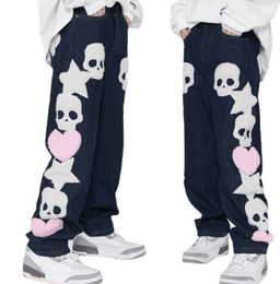 image-Hua Jiaying Clothing American Street Trendy Brand Skull Towel Embroidered Hip Hop High Street Men's Denim Straight Neutral Trousers